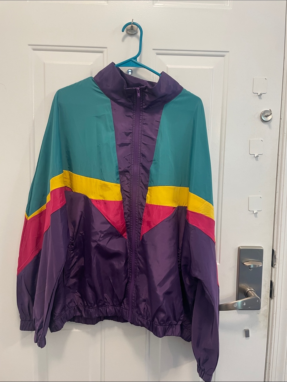 Retro Colorblock Windbreaker Jacket - Teal, Purple, Yellow, Pink